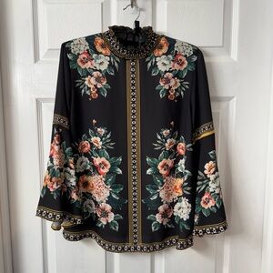 Floral Black Blouse with Bell Sleeves
